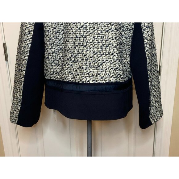 Tory Burch Lucille Metallic Tweed White & Navy Blue Wool Jacket, Size 14 - Picture 9 of 10